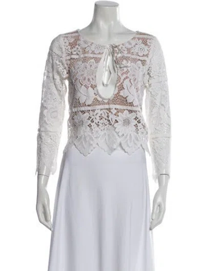 Pre-owned For Love & Lemons Lace Pattern Tie Neck Blouse In White