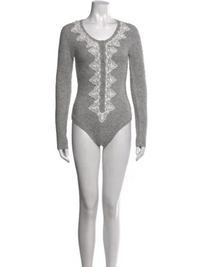 Pre-owned For Love & Lemons Lace Pattern V-neck Bodysuit In Grey