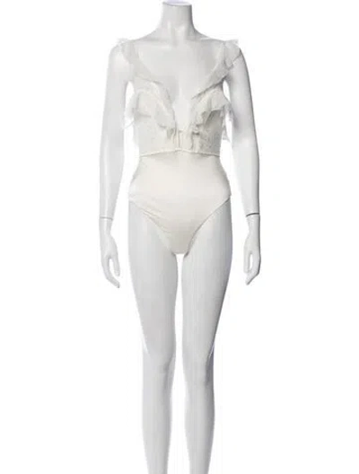 Pre-owned For Love & Lemons Lace Pattern V-neck Bodysuit In Neutrals