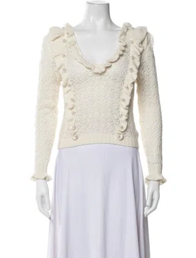 Pre-owned For Love & Lemons Lace Pattern V-neck Sweater In Neutrals