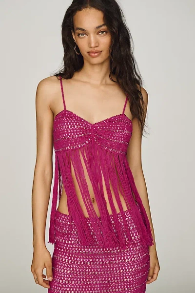 For Love & Lemons Lulu Cotton Fringe Crochet Top In Pink