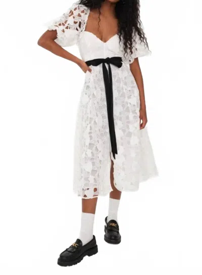 For Love & Lemons Marlene Heart Embroidery Puff Sleeve Midi Dress In White
