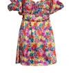 For Love & Lemons Merrill Puff Sleeve Open-back Satin Jacquard Mini Dress In Multi