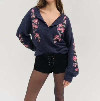 For Love & Lemons Molly Embroidered V-neck Sweater In Navy In Blue