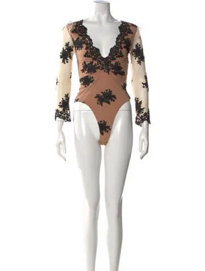 Pre-owned For Love & Lemons Nylon Lace Pattern Bodysuit In Neutral