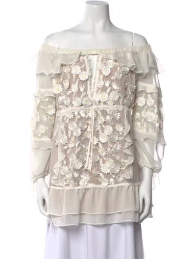 Pre-owned For Love & Lemons Off-the-shoulder Long Sleeve Tunic In White