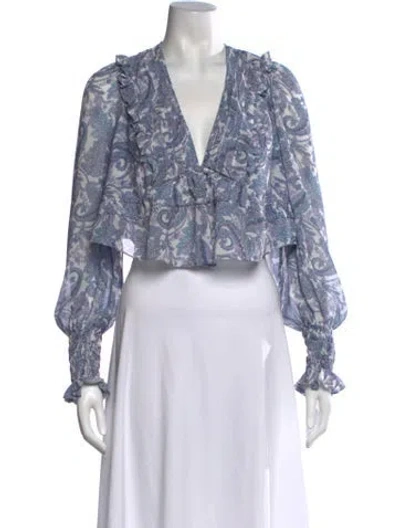 Pre-owned For Love & Lemons Paisley Print V-neck Blouse In Blue
