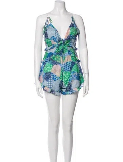 Pre-owned For Love & Lemons Patterned Plunge Neckline Romper In Blue