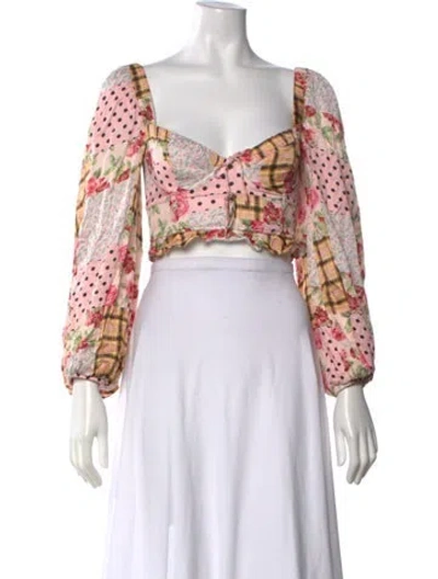 Pre-owned For Love & Lemons Patterned Square Neckline Crop Top In Pink