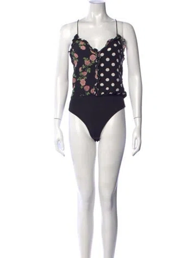 Pre-owned For Love & Lemons Patterned V-neck Bodysuit In Black