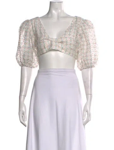 Pre-owned For Love & Lemons Patterned V-neck Crop Top In Purple
