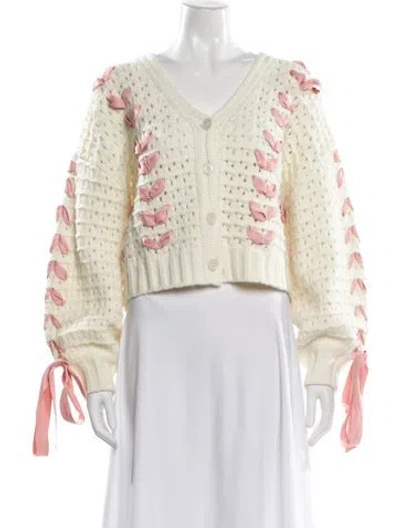 Pre-owned For Love & Lemons Patterned V-neck Sweater In White