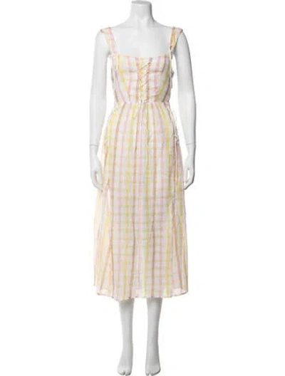 Pre-owned For Love & Lemons Plaid Print Midi Length Dress In White