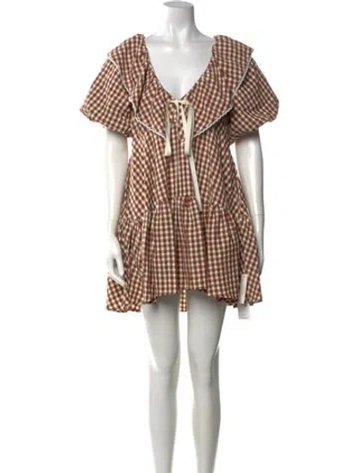 Pre-owned For Love & Lemons Plaid Print Mini Dress W/ Tags In Brown