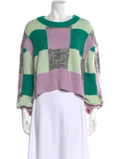 Pre-owned For Love & Lemons Plaid Print Scoop Neck Sweater In Green