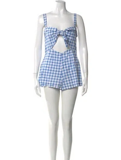Pre-owned For Love & Lemons Plaid Print Square Neckline Romper In Blue