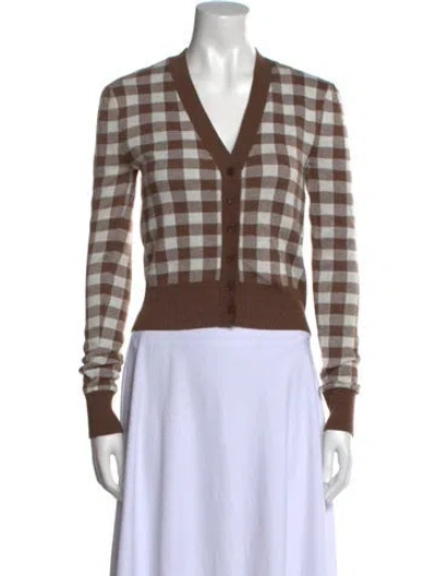 Pre-owned For Love & Lemons Plaid Print V-neck Sweater In Brown