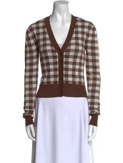 Pre-owned For Love & Lemons Plaid Print V-neck Sweater In Brown