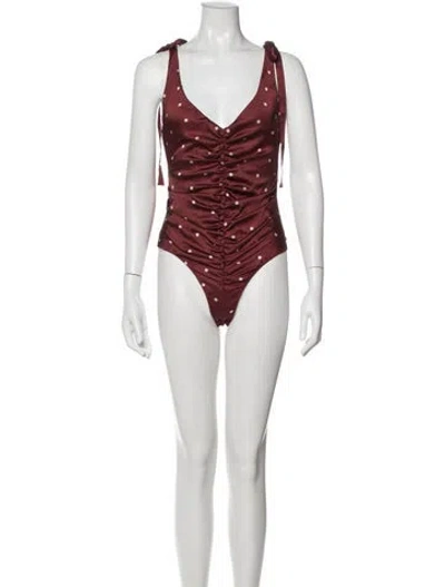 Pre-owned For Love & Lemons Polka Dot Print V-neck Bodysuit In Burgundy