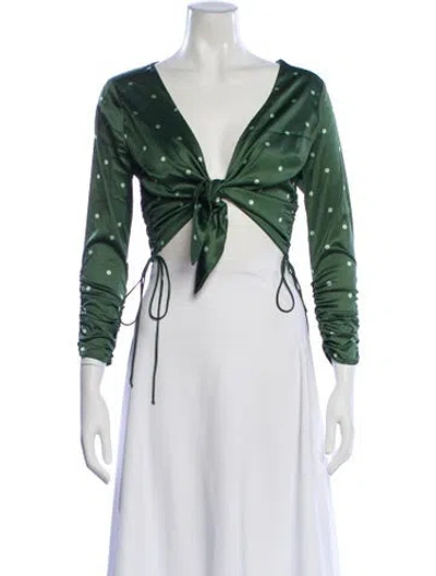Pre-owned For Love & Lemons Polka Dot Print V-neck Crop Top In Green