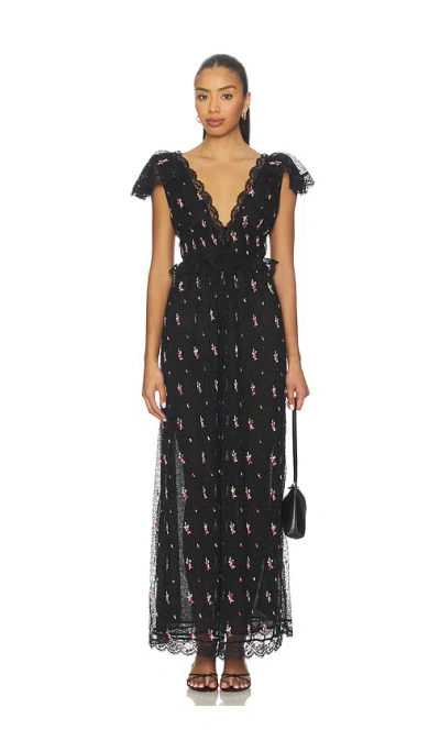 For Love & Lemons Poppy Pleated Lace Maxi Dress In Black