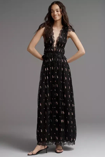 For Love & Lemons Poppy Plunge Lace Maxi Dress In Black