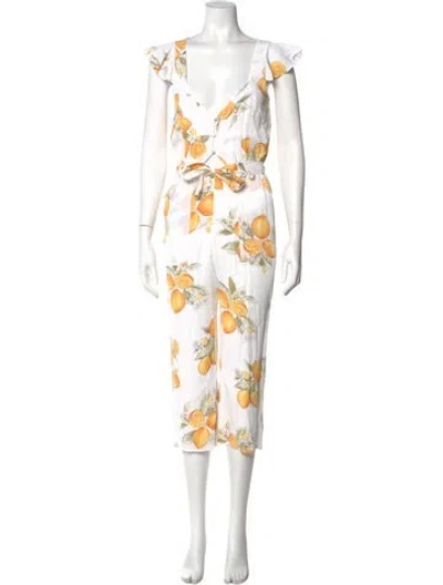 Pre-owned For Love & Lemons Printed Plunge Neckline Romper W/ Tags In White