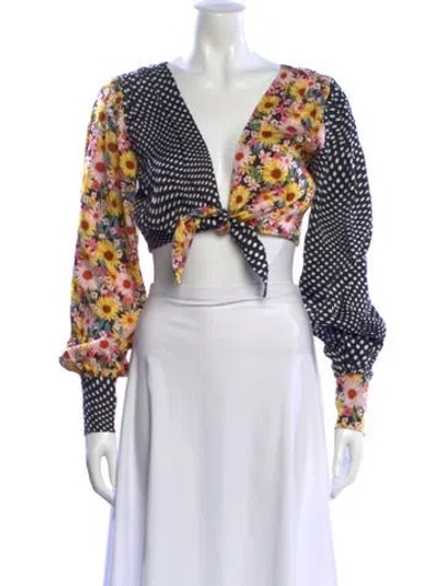 Pre-owned For Love & Lemons Printed V-neck Crop Top W/ Tags In Blue