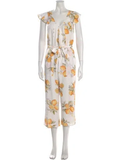 Pre-owned For Love & Lemons Printed V-neck Jumpsuit In White