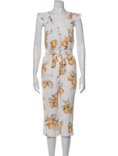 Pre-owned For Love & Lemons Printed V-neck Jumpsuit In White