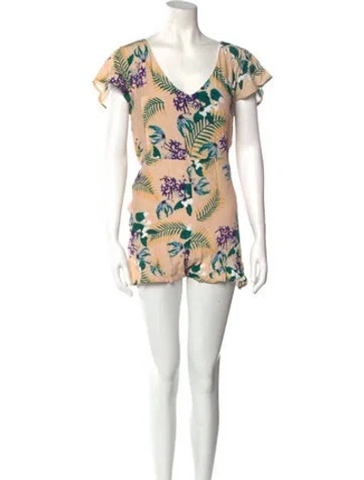 Pre-owned For Love & Lemons Printed V-neck Romper In Neutral