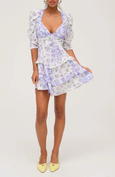 For Love & Lemons Rosalyn Print Ruffle Puff Sleeve Minidress In Purple