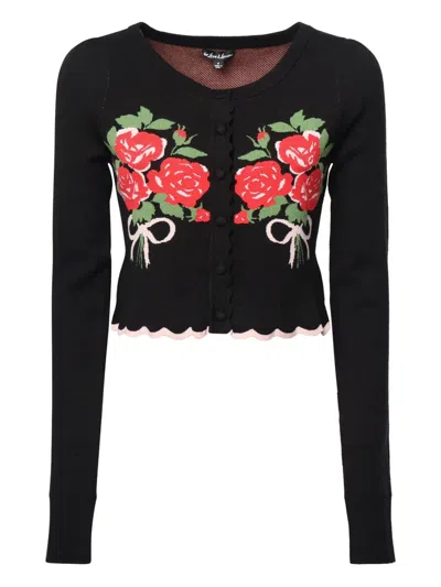 For Love & Lemons Roses-detailling Scallop-hem Cardigan In Black