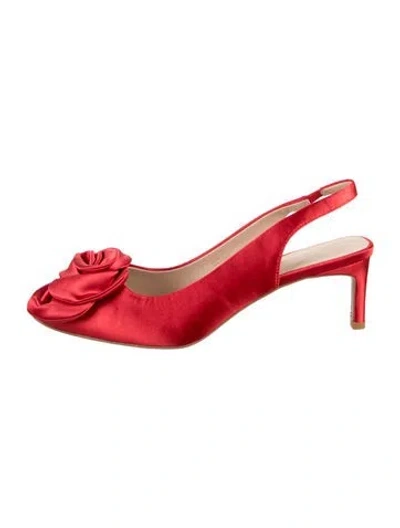 Pre-owned For Love & Lemons Satin Floral Print Slingback Pumps In Red