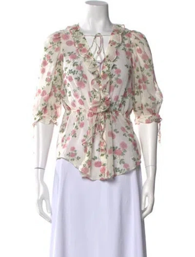 Pre-owned For Love & Lemons Silk Floral Print Blouse In Neutral