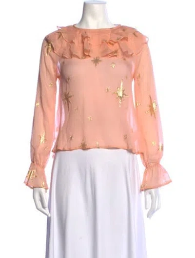 Pre-owned For Love & Lemons Silk Graphic Print Blouse In Pink