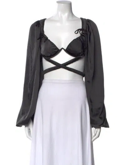 Pre-owned For Love & Lemons Square Neckline Long Sleeve Crop Top In Gray