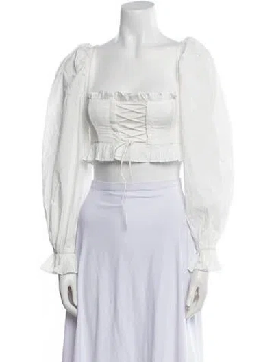 Pre-owned For Love & Lemons Square Neckline Long Sleeve Crop Top In White