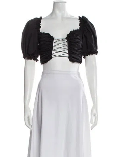Pre-owned For Love & Lemons Square Neckline Short Sleeve Crop Top In Black