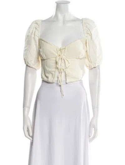 Pre-owned For Love & Lemons Square Neckline Short Sleeve Crop Top In White