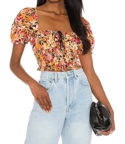 For Love & Lemons Sylvie Puff Sleeves Top In Orange In Multi