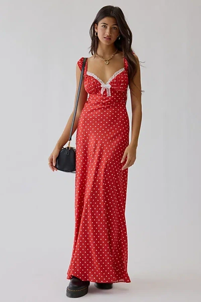 For Love & Lemons Uo Exclusive Emmaline Polka Dot Satin Maxi Dress In Red, Women's At Urban Outfitters