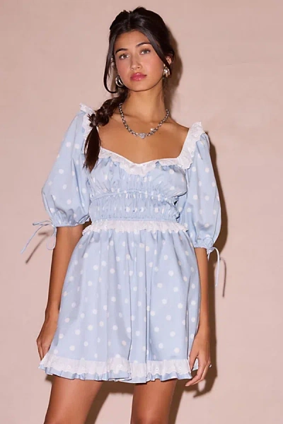 For Love & Lemons Uo Exclusive Jackson Puff Sleeve Mini Dress In Blue, Women's At Urban Outfitters