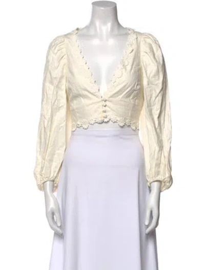 Pre-owned For Love & Lemons V-neck Three-quarter Sleeve Crop Top In Neutral