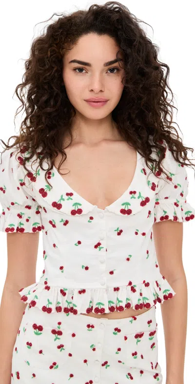 For Love & Lemons Beaded Cherries Puff-sleeve Top In White