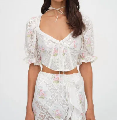 For Love & Lemons Diana Patchwork Floral Top In White