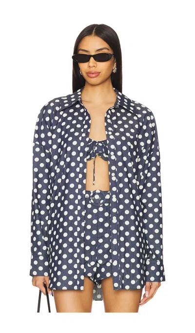 For Love & Lemons Dolly Dot Denim Button-down Top In Indigo