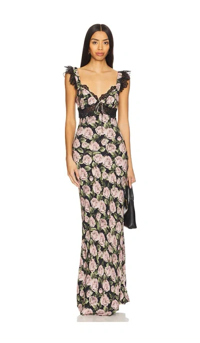 For Love & Lemons Maxikleid Fallen Rose Print In Black