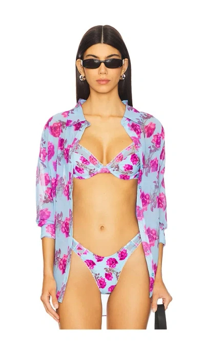 For Love & Lemons Floral Stems Button Down Top In Blue,purple