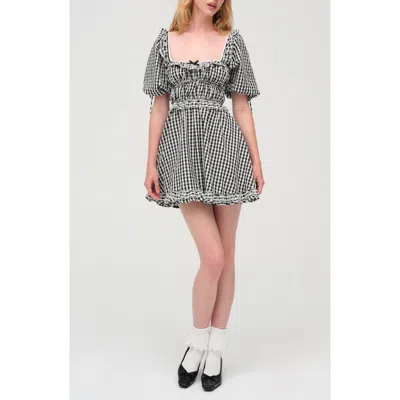 For Love & Lemons Jackson Gingham Ruffle Cotton Minidress In Black